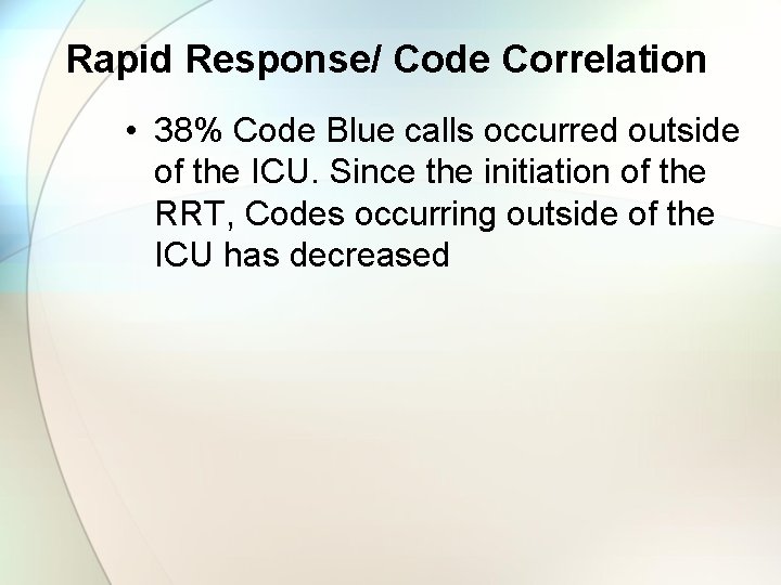 Rapid Response/ Code Correlation • 38% Code Blue calls occurred outside of the ICU.