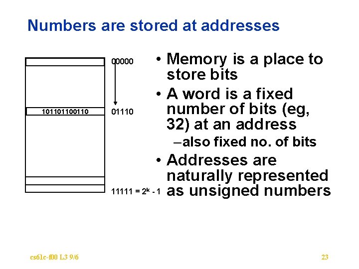 Numbers are stored at addresses 00000 10110110 01110 • Memory is a place to