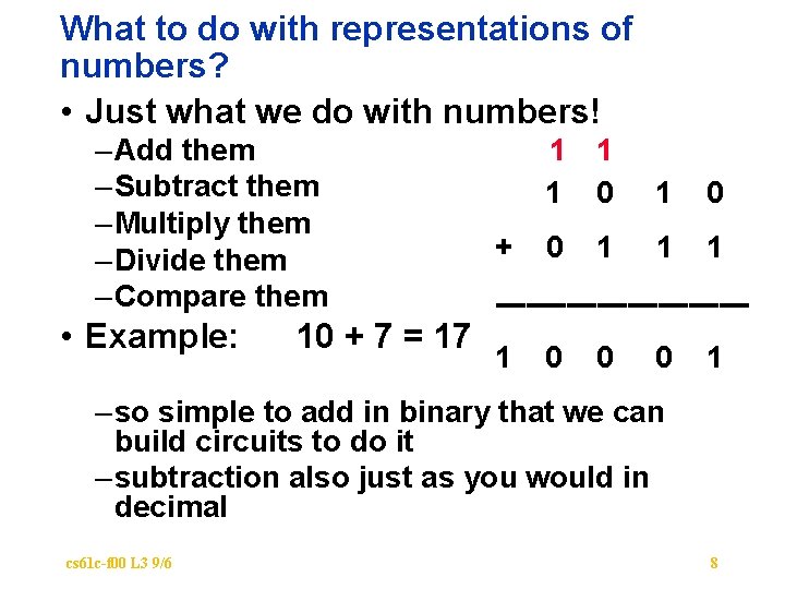 What to do with representations of numbers? • Just what we do with numbers!