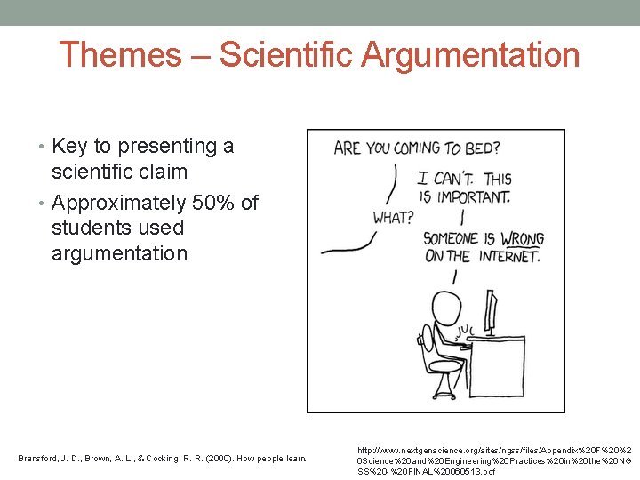 Themes – Scientific Argumentation • Key to presenting a scientific claim • Approximately 50%