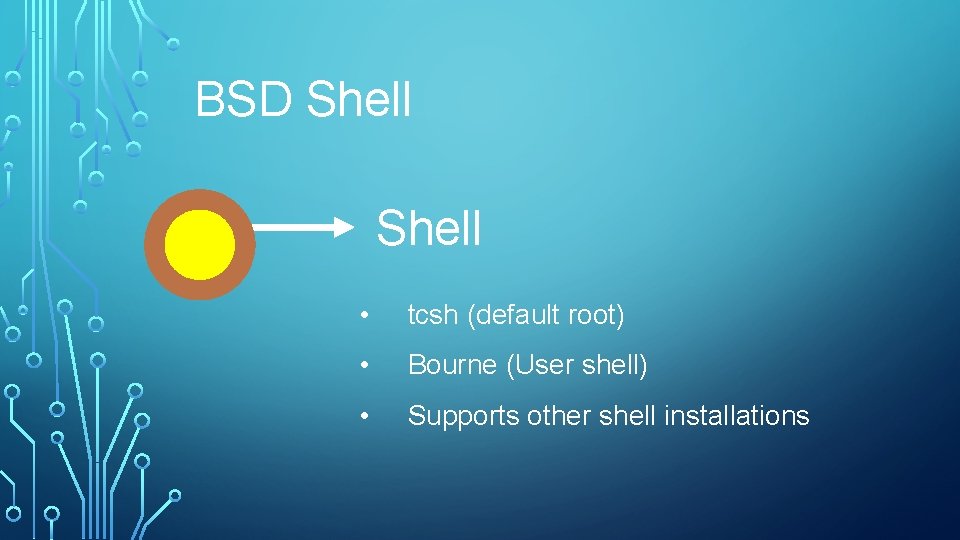 BSD Shell • tcsh (default root) • Bourne (User shell) • Supports other shell