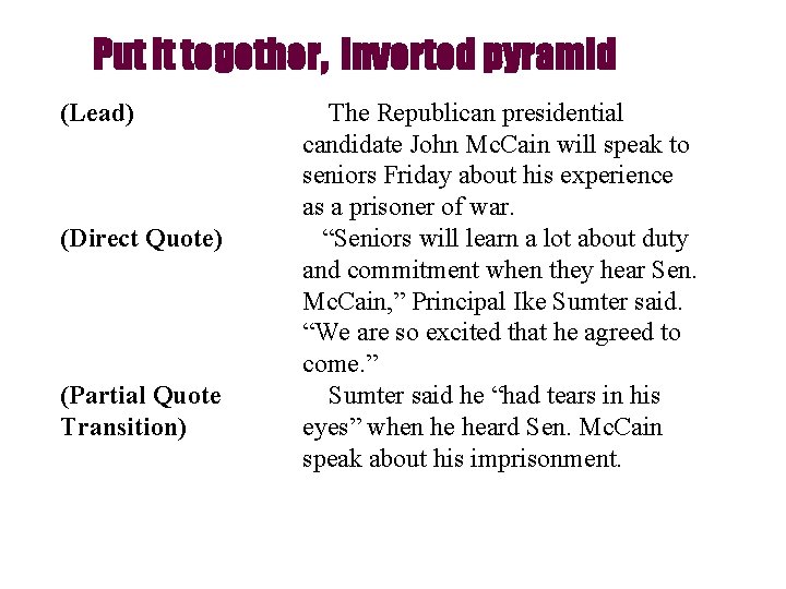 Put it together, inverted pyramid (Lead) (Direct Quote) (Partial Quote Transition) The Republican presidential