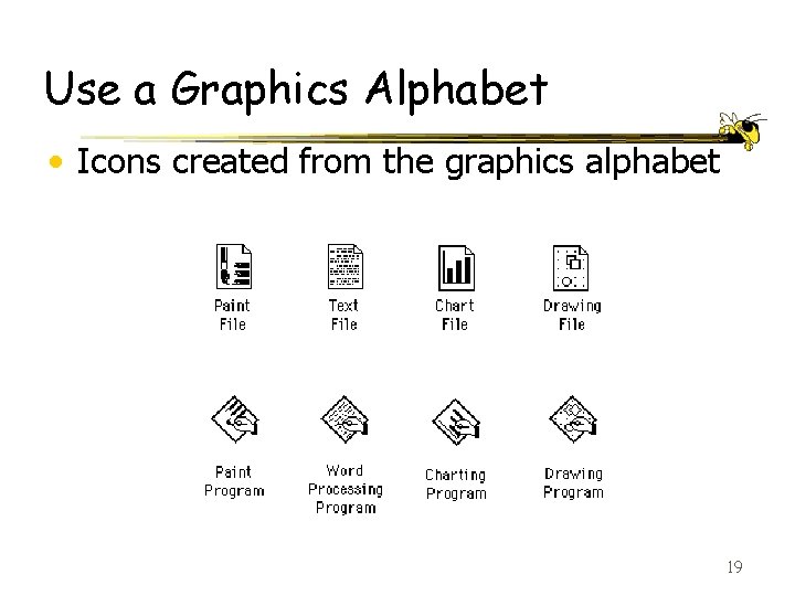 Use a Graphics Alphabet • Icons created from the graphics alphabet 19 