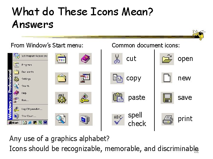 What do These Icons Mean? Answers From Window’s Start menu: Common document icons: cut