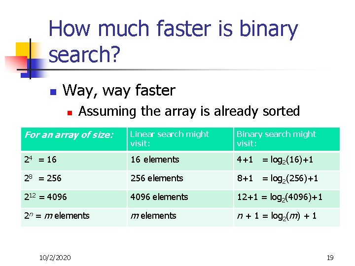 How much faster is binary search? n Way, way faster n Assuming the array