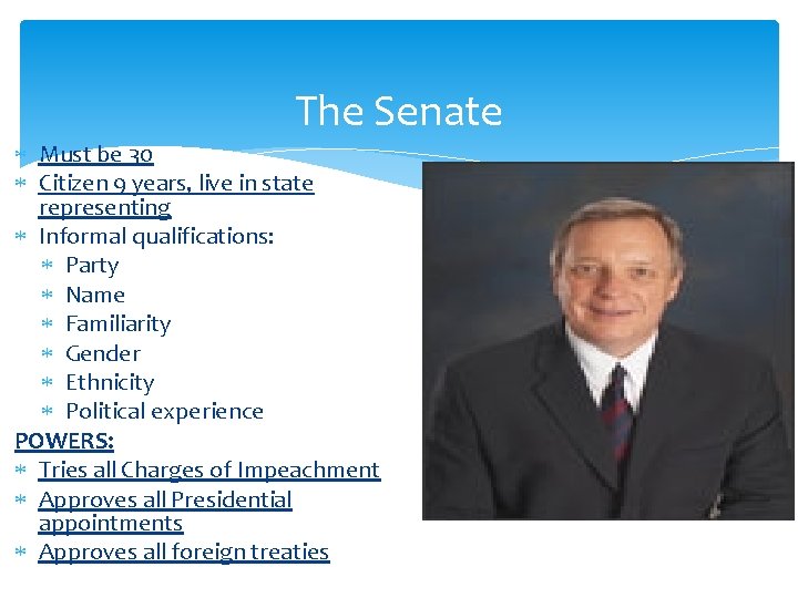 The Senate Must be 30 Citizen 9 years, live in state representing Informal qualifications: The Senate Must be 30 Citizen 9 years, live in state representing Informal qualifications: