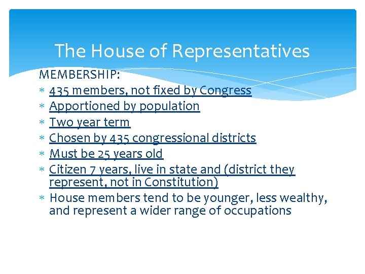 The House of Representatives MEMBERSHIP: 435 members, not fixed by Congress Apportioned by population The House of Representatives MEMBERSHIP: 435 members, not fixed by Congress Apportioned by population