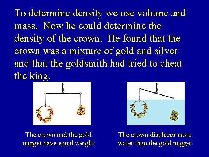 To determine density we use volume and mass. Now he could determine the density