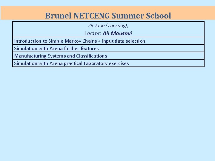 Brunel NETCENG Summer School 23 June (Tuesday), Lector: Ali Mousavi Introduction to Simple Markov