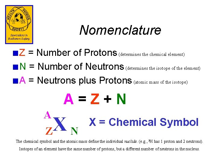 Nomenclature Z = Number of Protons (determines the chemical element) N = Number of