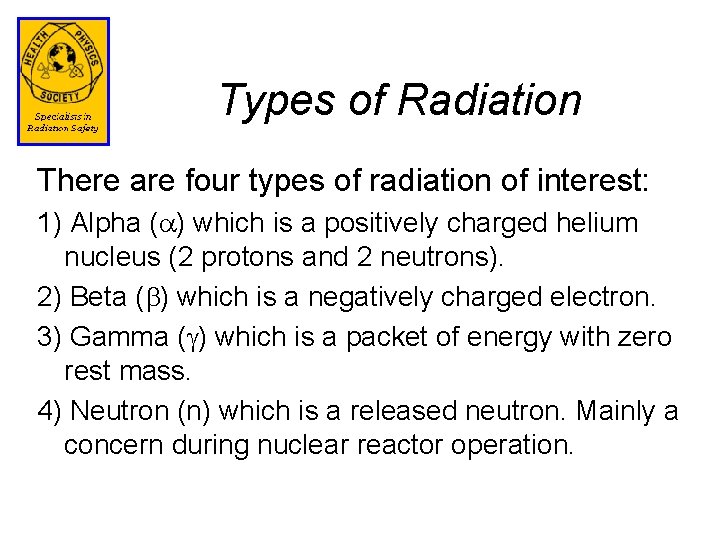 Types of Radiation There are four types of radiation of interest: 1) Alpha (