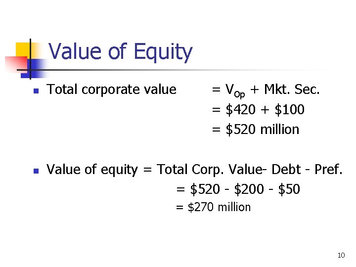 Value of Equity n n Total corporate value = VOp + Mkt. Sec. =