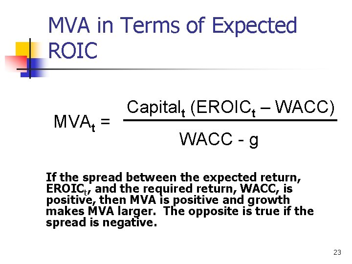 MVA in Terms of Expected ROIC MVAt = Capitalt (EROICt – WACC) WACC -