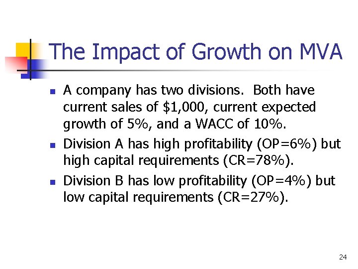 The Impact of Growth on MVA n n n A company has two divisions.