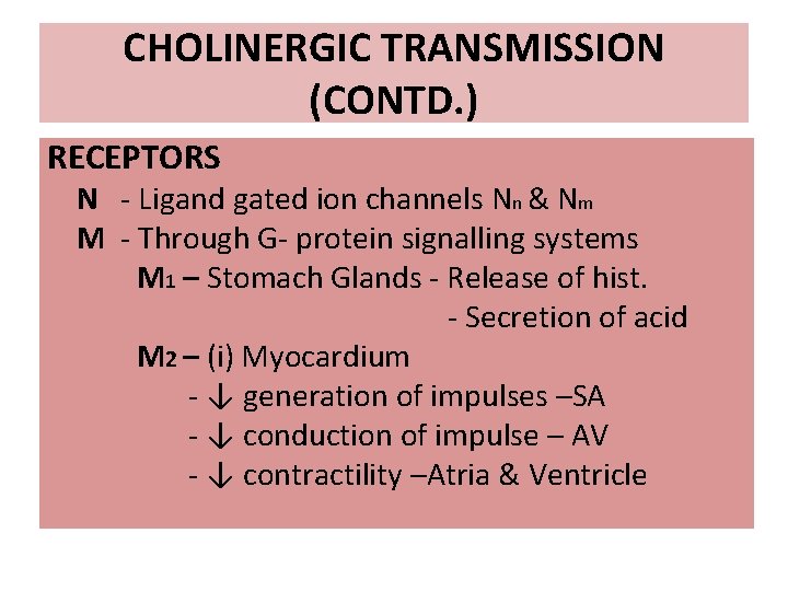 CHOLINERGIC TRANSMISSION (CONTD. ) RECEPTORS N - Ligand gated ion channels Nn & Nm