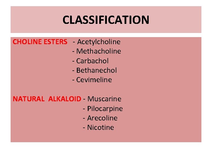 CLASSIFICATION CHOLINE ESTERS - Acetylcholine - Methacholine - Carbachol - Bethanechol - Cevimeline NATURAL