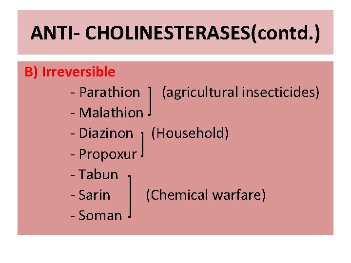 ANTI- CHOLINESTERASES(contd. ) B) Irreversible - Parathion (agricultural insecticides) - Malathion - Diazinon (Household)