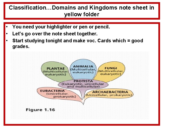 Classification…Domains and Kingdoms note sheet in yellow folder • You need your highlighter or
