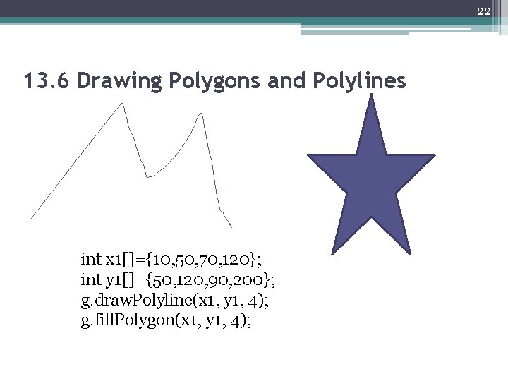 22 13. 6 Drawing Polygons and Polylines int x 1[]={10, 50, 70, 120}; int