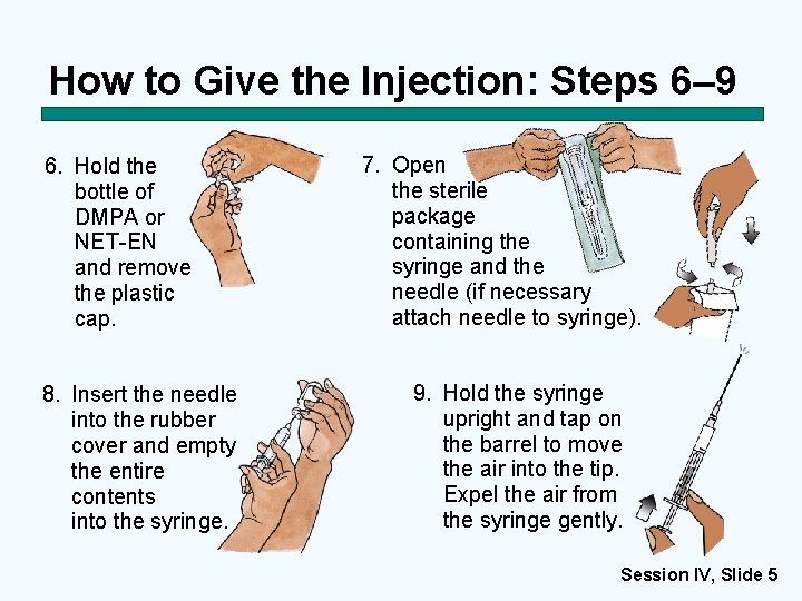 How to Give the Injection: Steps 6– 9 6. Hold the bottle of DMPA