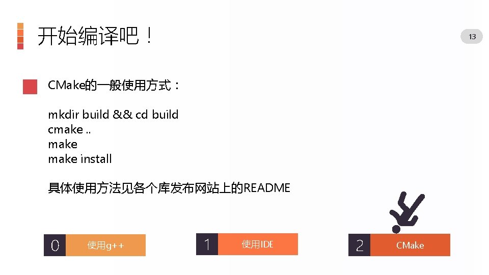 开始编译吧！ 13 CMake的一般使用方式： mkdir build && cd build cmake. . make install 具体使用方法见各个库发布网站上的README 0