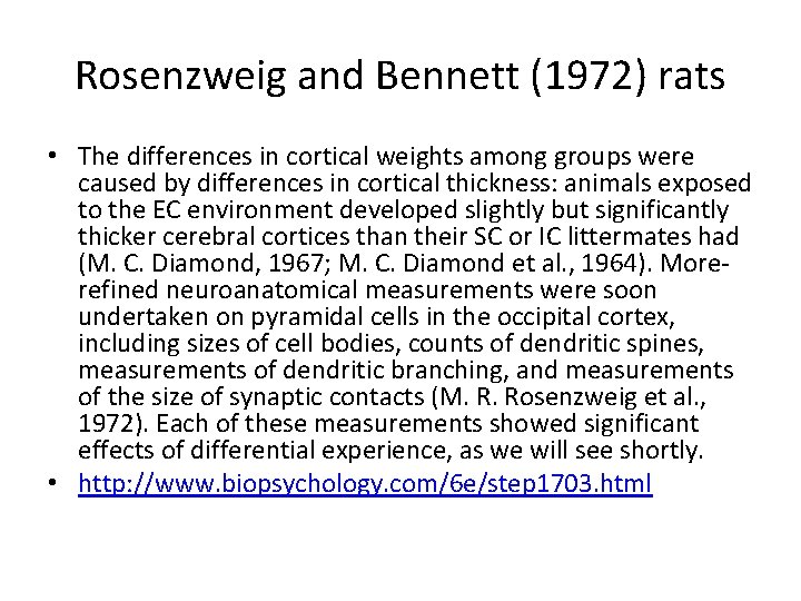 Rosenzweig and Bennett (1972) rats • The differences in cortical weights among groups were