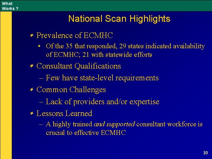 What Works ? National Scan Highlights Prevalence of ECMHC • Of the 35 that