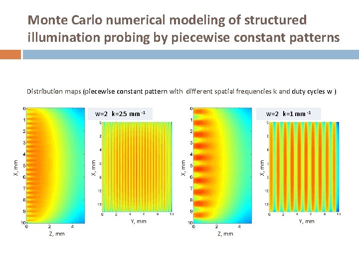 Monte Carlo numerical modeling of structured illumination probing by piecewise constant patterns Distribution maps