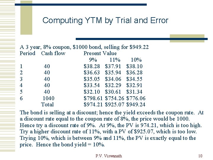 Computing YTM by Trial and Error A 3 year, 8% coupon, $1000 bond, selling