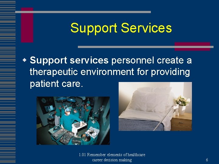 Support Services w Support services personnel create a therapeutic environment for providing patient care.