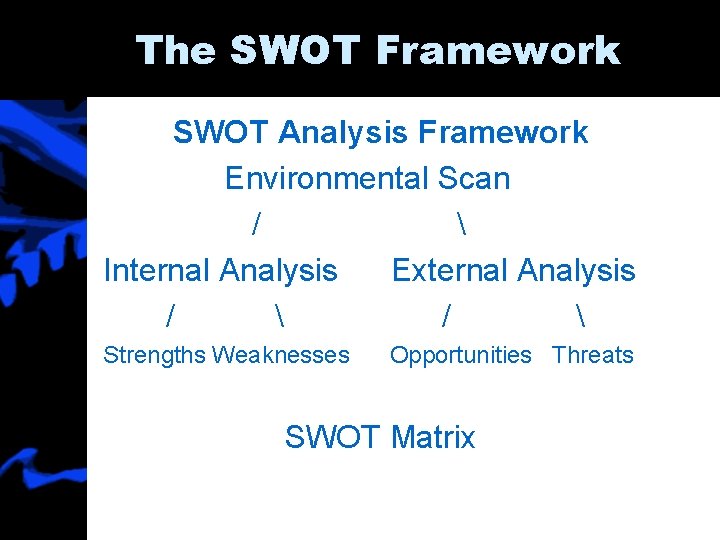 The SWOT Framework SWOT Analysis Framework Environmental Scan /  Internal Analysis External Analysis
