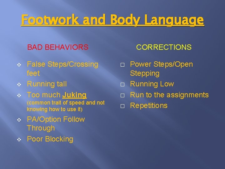 Footwork and Body Language BAD BEHAVIORS v v v False Steps/Crossing feet Running tall