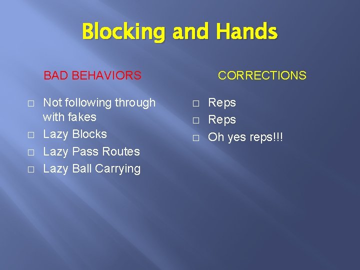 Blocking and Hands BAD BEHAVIORS � � Not following through with fakes Lazy Blocks