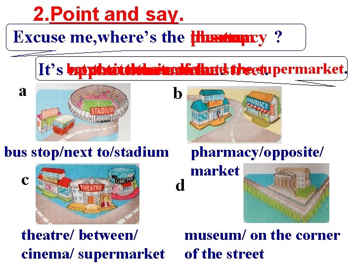 2. Point and say. Excuse me, where’s the museum bus stop ? pharmacy theatre