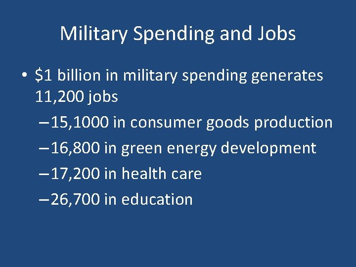 Military Spending and Jobs • $1 billion in military spending generates 11, 200 jobs