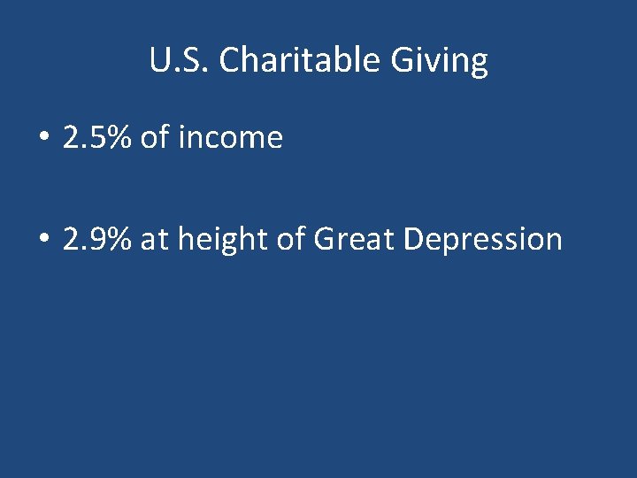 U. S. Charitable Giving • 2. 5% of income • 2. 9% at height