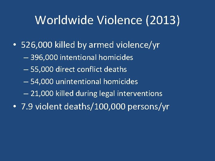 Worldwide Violence (2013) • 526, 000 killed by armed violence/yr – 396, 000 intentional