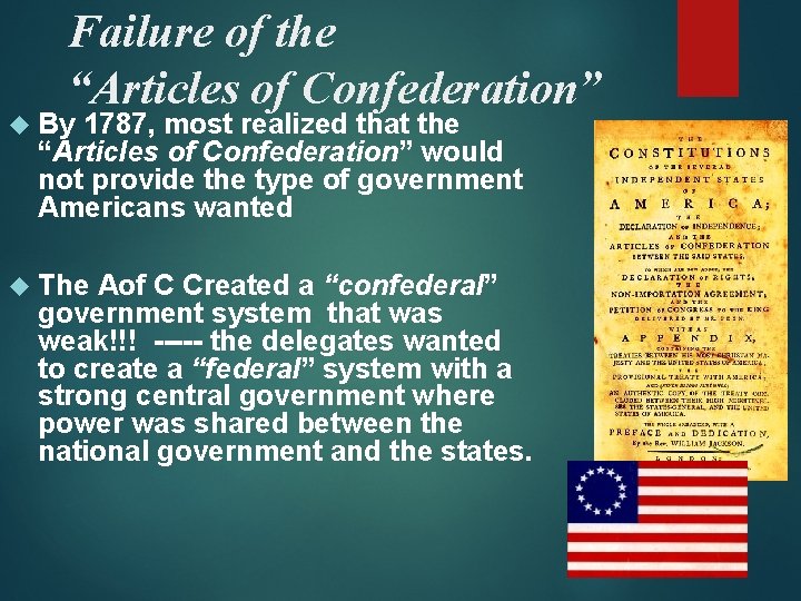 Failure of the “Articles of Confederation” By 1787, most realized that the “Articles of