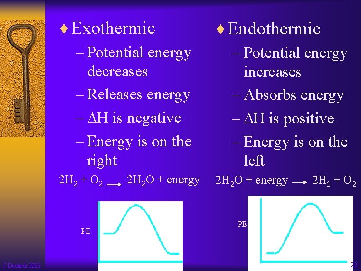 ¨ Exothermic – Potential energy decreases – Releases energy – H is negative –