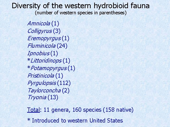 Diversity of the western hydrobioid fauna (number of western species in parentheses) Amnicola (1)