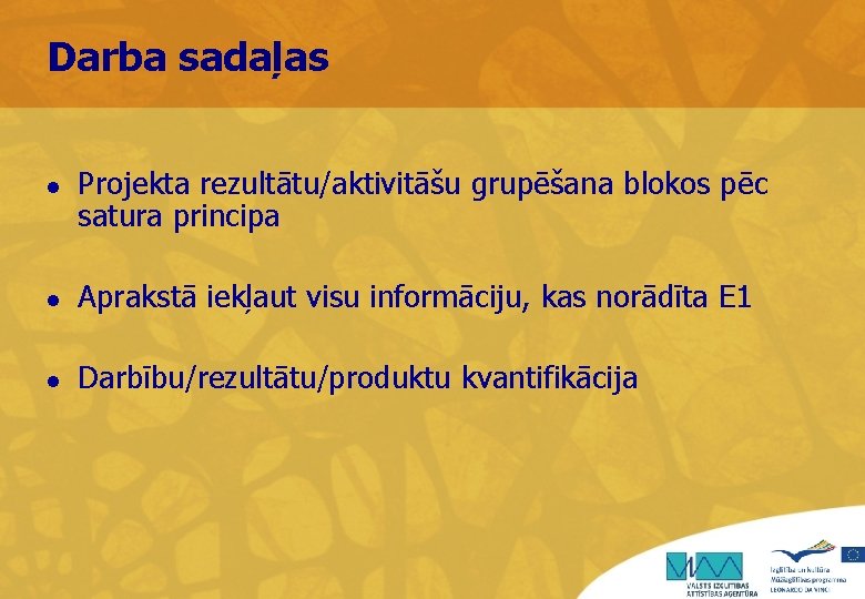 Darba sadaļas l Projekta rezultātu/aktivitāšu grupēšana blokos pēc satura principa l Aprakstā iekļaut visu