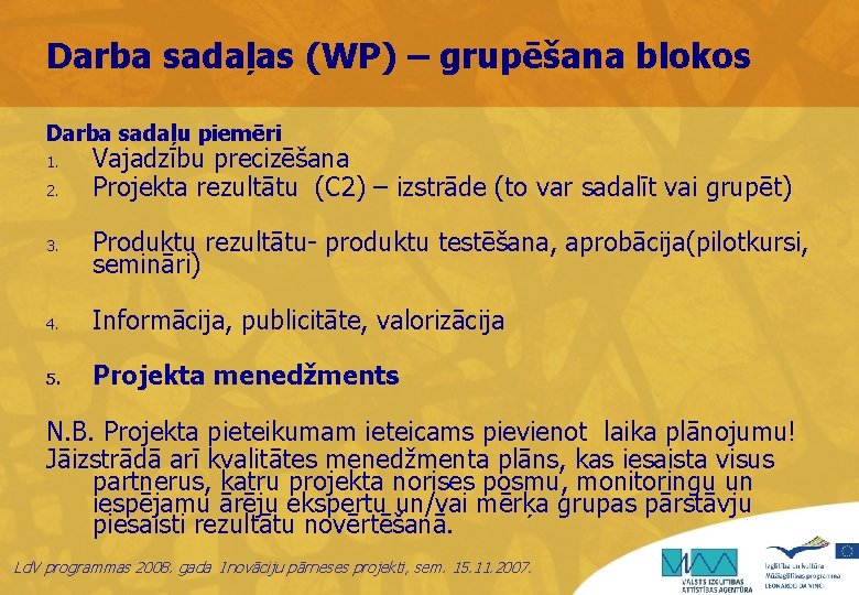 Darba sadaļas (WP) – grupēšana blokos Darba sadaļu piemēri 1. 2. Vajadzību precizēšana Projekta