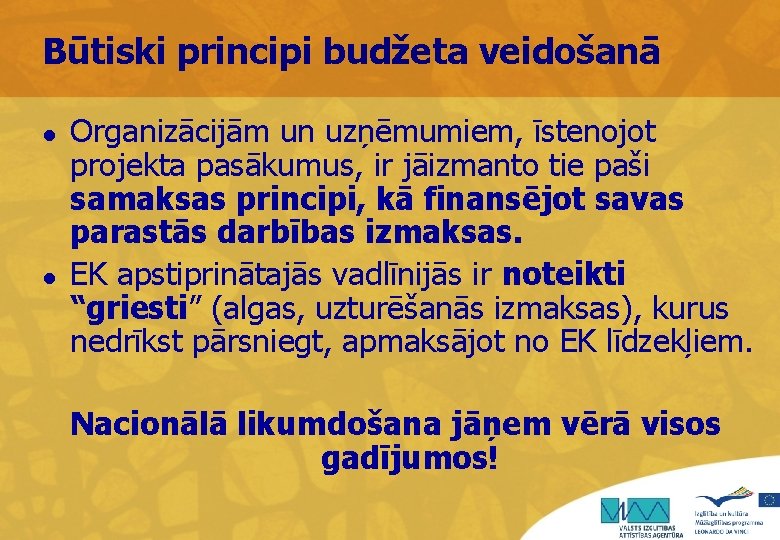 Būtiski principi budžeta veidošanā l l Organizācijām un uzņēmumiem, īstenojot projekta pasākumus, ir jāizmanto
