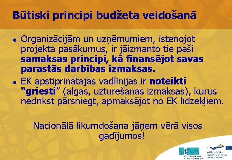 Būtiski principi budžeta veidošanā l l Organizācijām un uzņēmumiem, īstenojot projekta pasākumus, ir jāizmanto