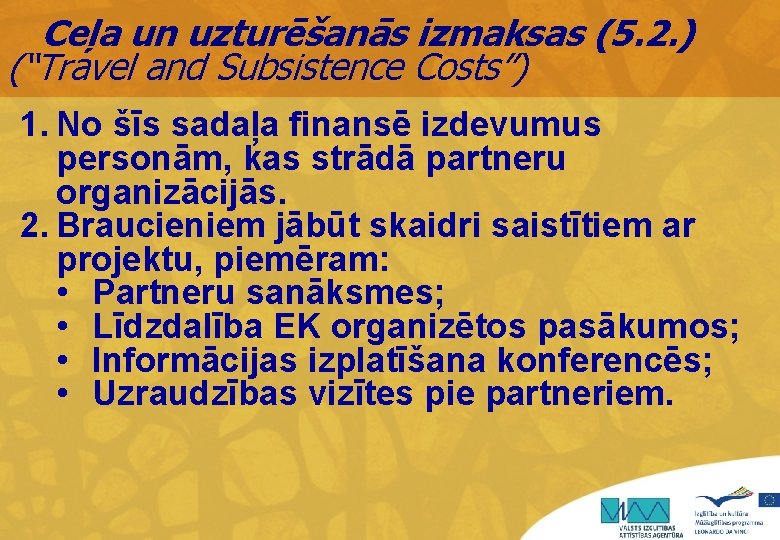 Ceļa un uzturēšanās izmaksas (5. 2. ) (“Travel and Subsistence Costs”) 1. No šīs