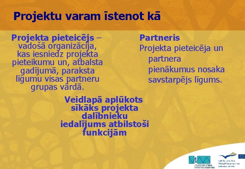 Projektu varam īstenot kā Projekta pieteicējs – Partneris vadošā organizācija, Projekta pieteicēja un kas