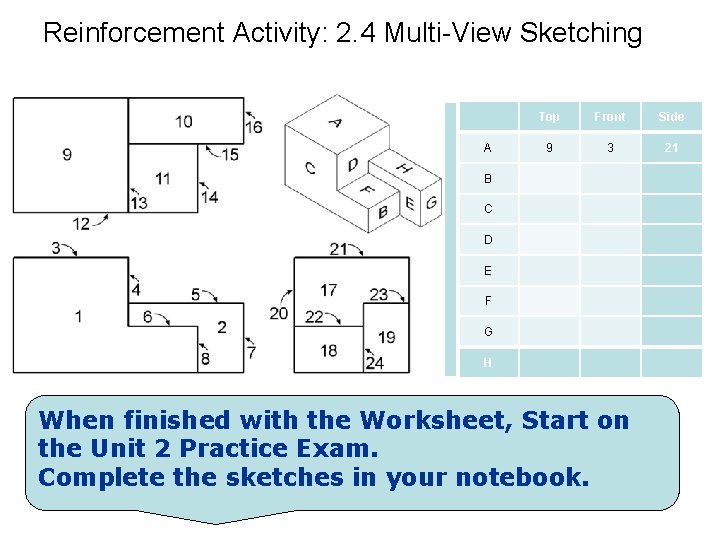 Reinforcement Activity: 2. 4 Multi-View Sketching Top Front Side A 9 3 21 B