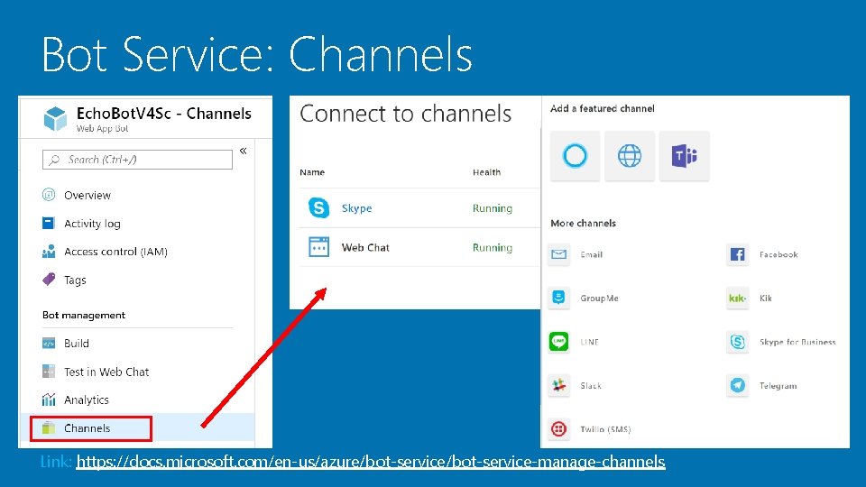 Bot Service: Channels Link: https: //docs. microsoft. com/en-us/azure/bot-service-manage-channels 