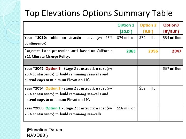 Top Elevations Options Summary Table Option 1 (10. 0’) Option 2 (9. 5’) Option