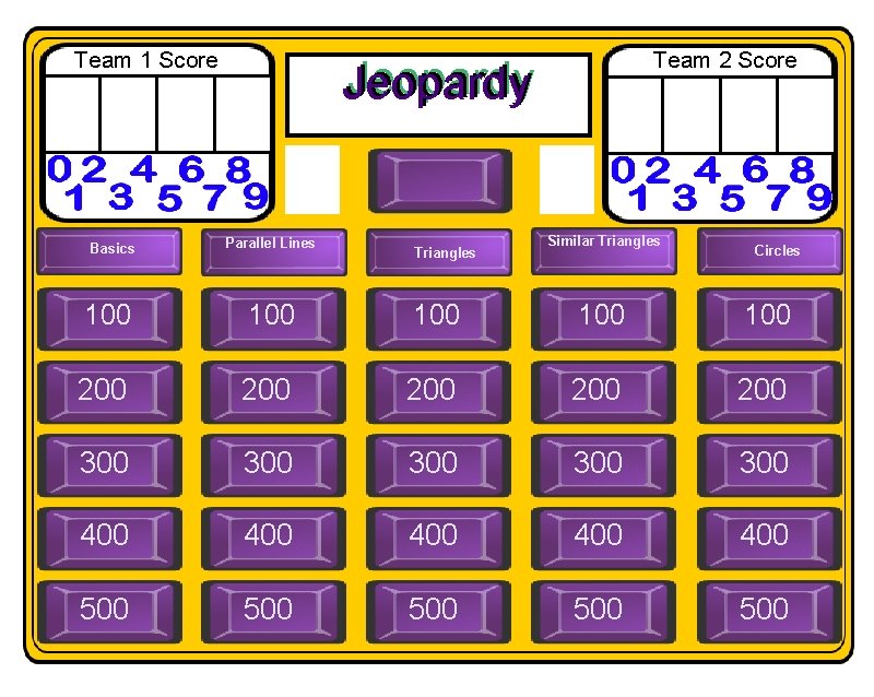 Team 1 Score Basics Team 2 Score Jeopardy Parallel Lines Triangles Similar Triangles Circles